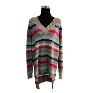 NWT A.N.A. Womens Gray Multicolor Striped V-Neck Pullover Sweater L MSRP $44